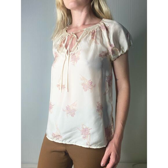 REBECCA TAYLOR Nora Silk Cap Sleeve Cream and Pink Floral Top US XSMALL - Picture 2 of 13